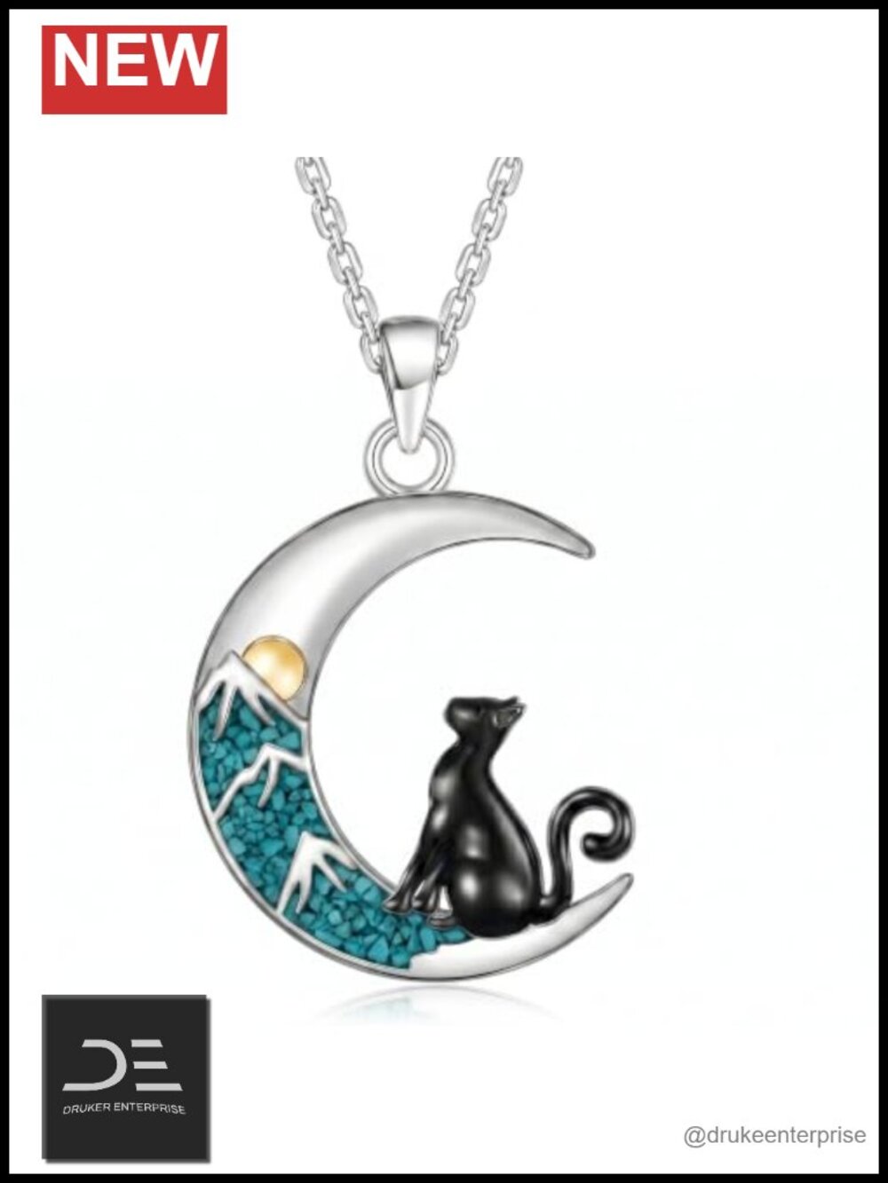 Sterling Silver Black Cat Crescent Moon Pendant Necklace Turquoise